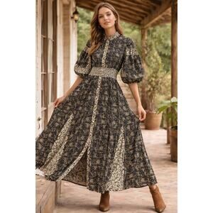 Womens Floral Maxi Smocked Puff Sleeve Boho Prairie See Measurements Cottagecore